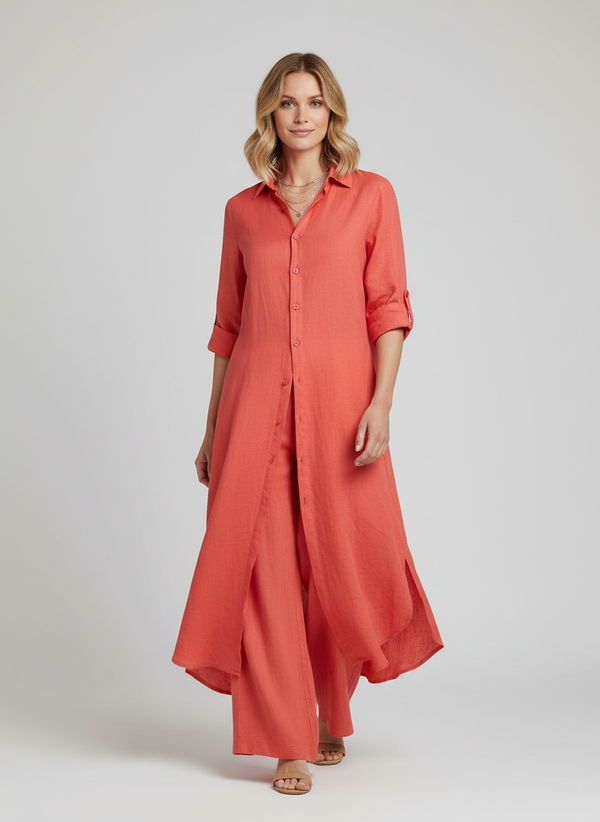 Florence - Smart Women's Linen Set with Longline Shirt and Wide-Leg Trousers