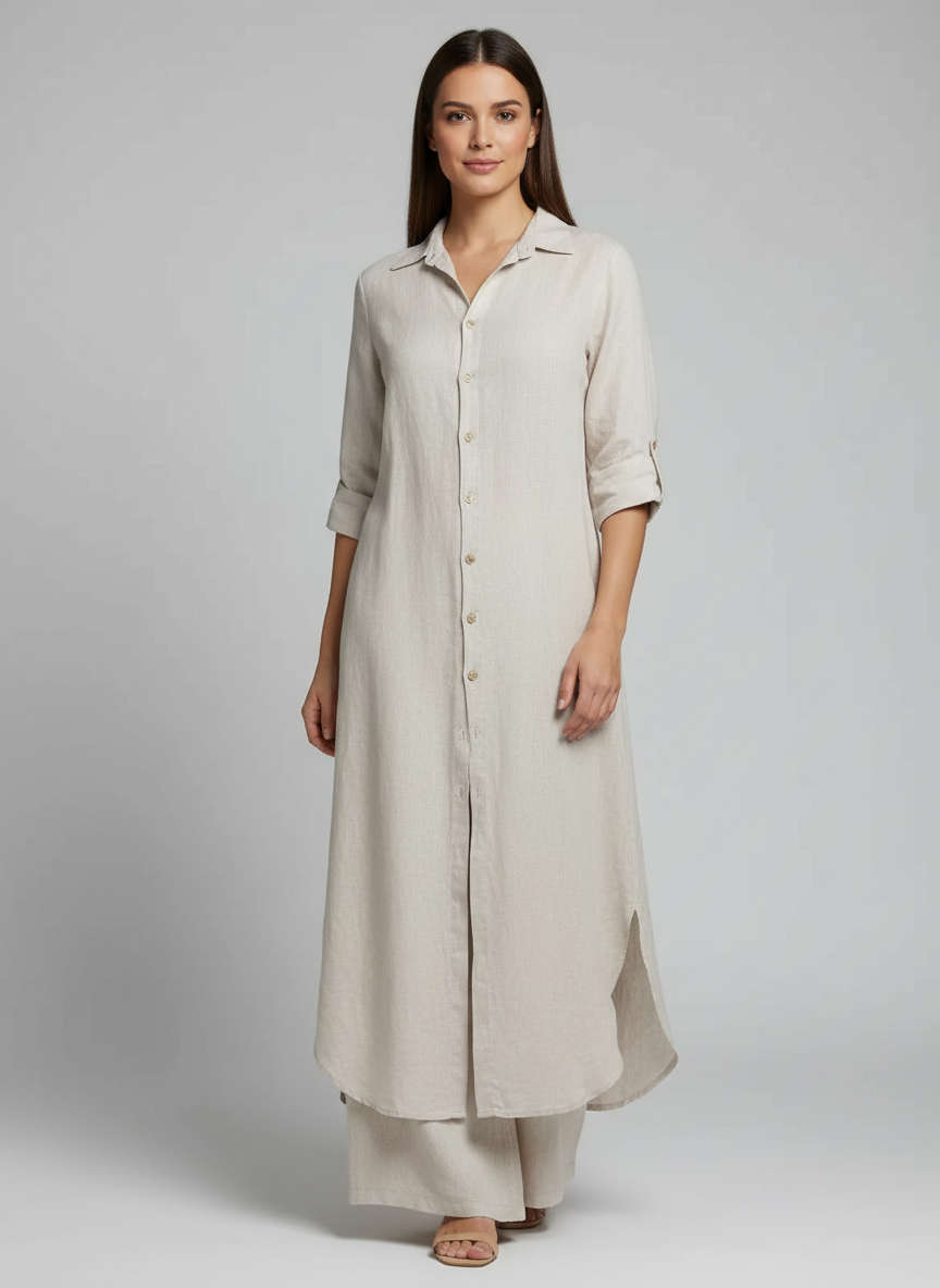 Florence - Smart Women's Linen Set with Longline Shirt and Wide-Leg Trousers