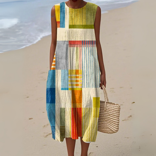 Freya - Boho Women's Linen Dress with Patchwork Print and Side Pockets