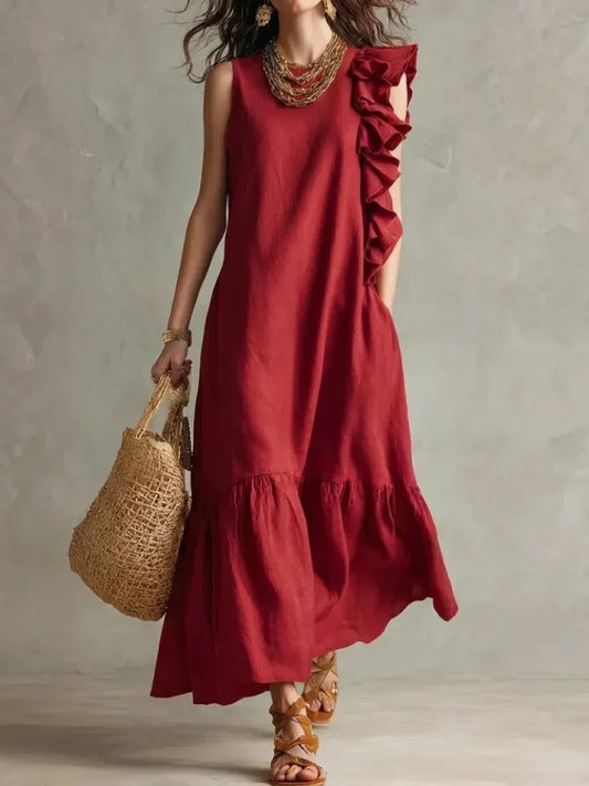 Freya - Boho Women's Maxi Dress with Round Neck and Ruffle Detail