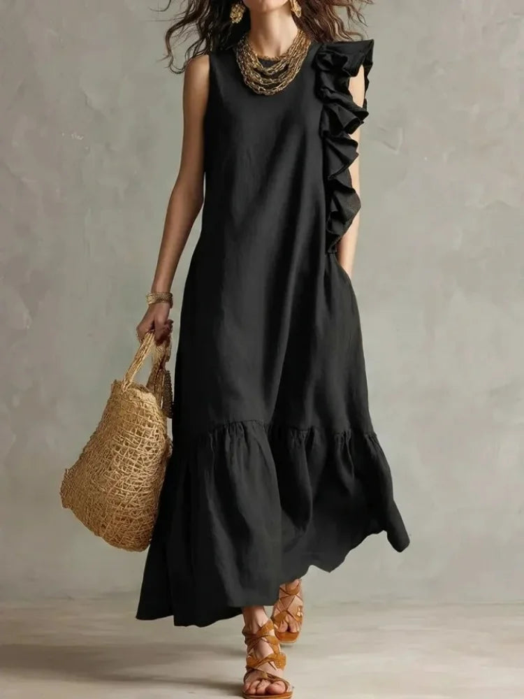 Freya - Boho Women's Maxi Dress with Round Neck and Ruffle Detail