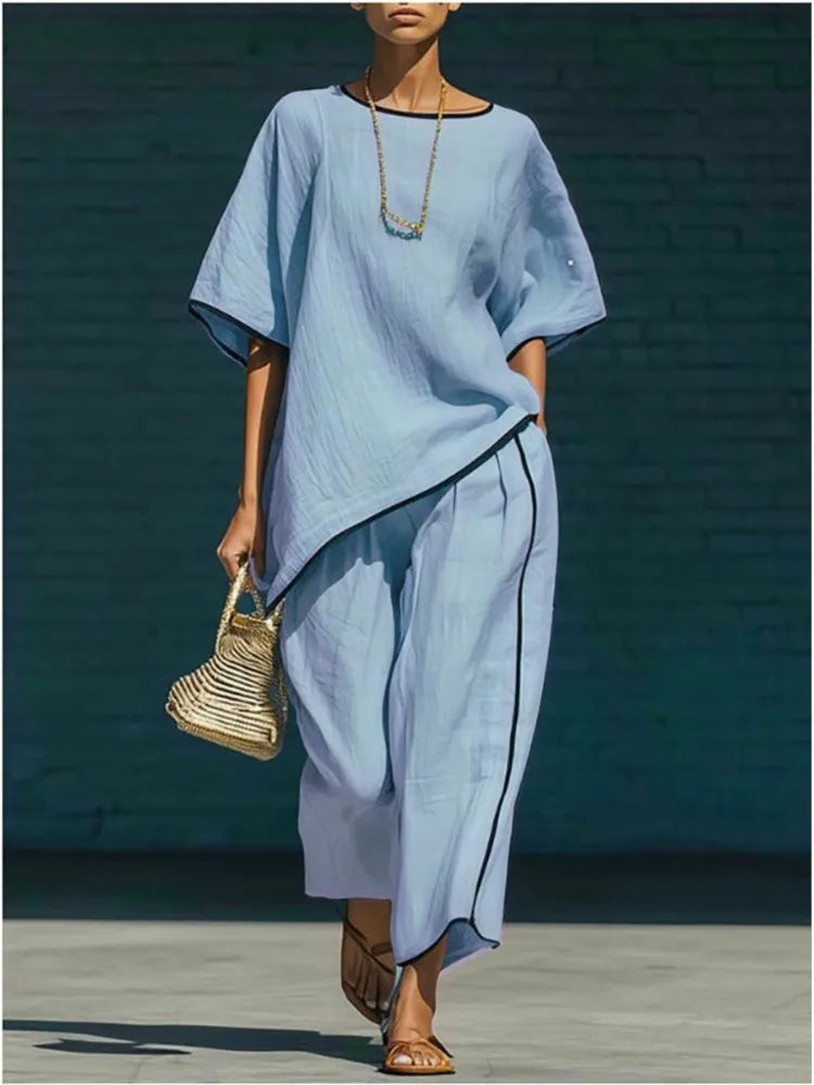 Freya - Casual Women's Linen Two-Piece Set with Round Neck and Wide-Leg Trousers