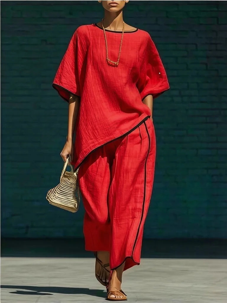 Freya - Casual Women's Linen Two-Piece Set with Round Neck and Wide-Leg Trousers