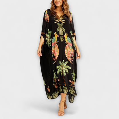 Freya - Casual Women's Maxi Dress with V-Neck and Flowy Kaftan Silhouette