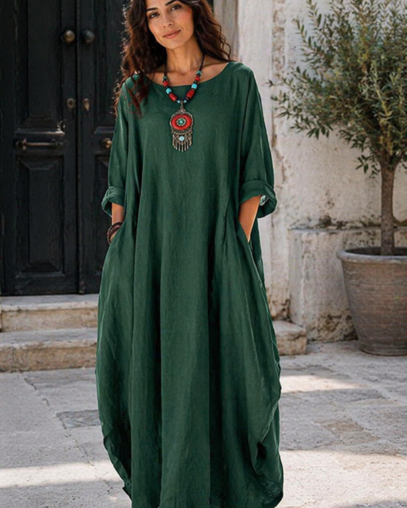 Freya - Vintage Women's Cotton Linen Dress with Batwing Sleeves