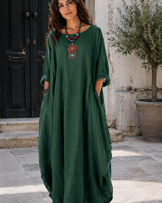 Freya - Vintage Women's Cotton Linen Dress with Batwing Sleeves