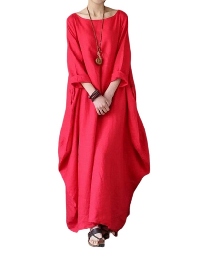 Freya - Vintage Women's Cotton Linen Dress with Batwing Sleeves