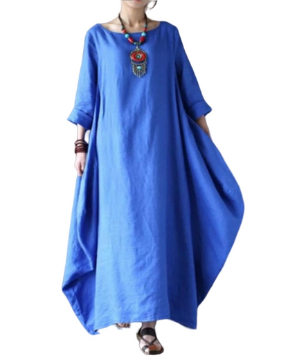 Freya - Vintage Women's Cotton Linen Dress with Batwing Sleeves
