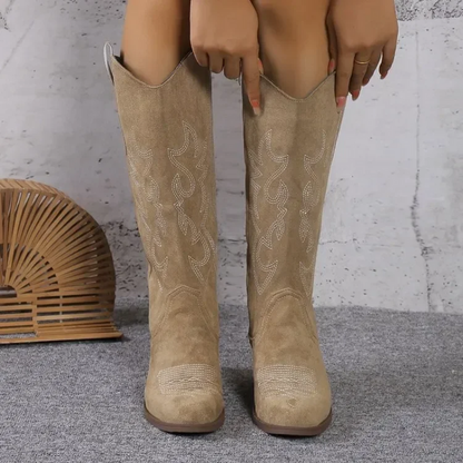 Freya - Women's Suede Style Cowboy Boots with Western Embroidery Detail