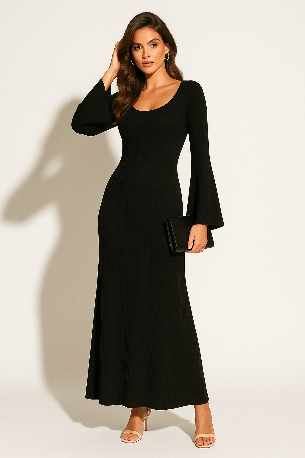 Freya - Women's Wedding Guest Dress for Autumn with Ribbed Flared Bell Sleeves