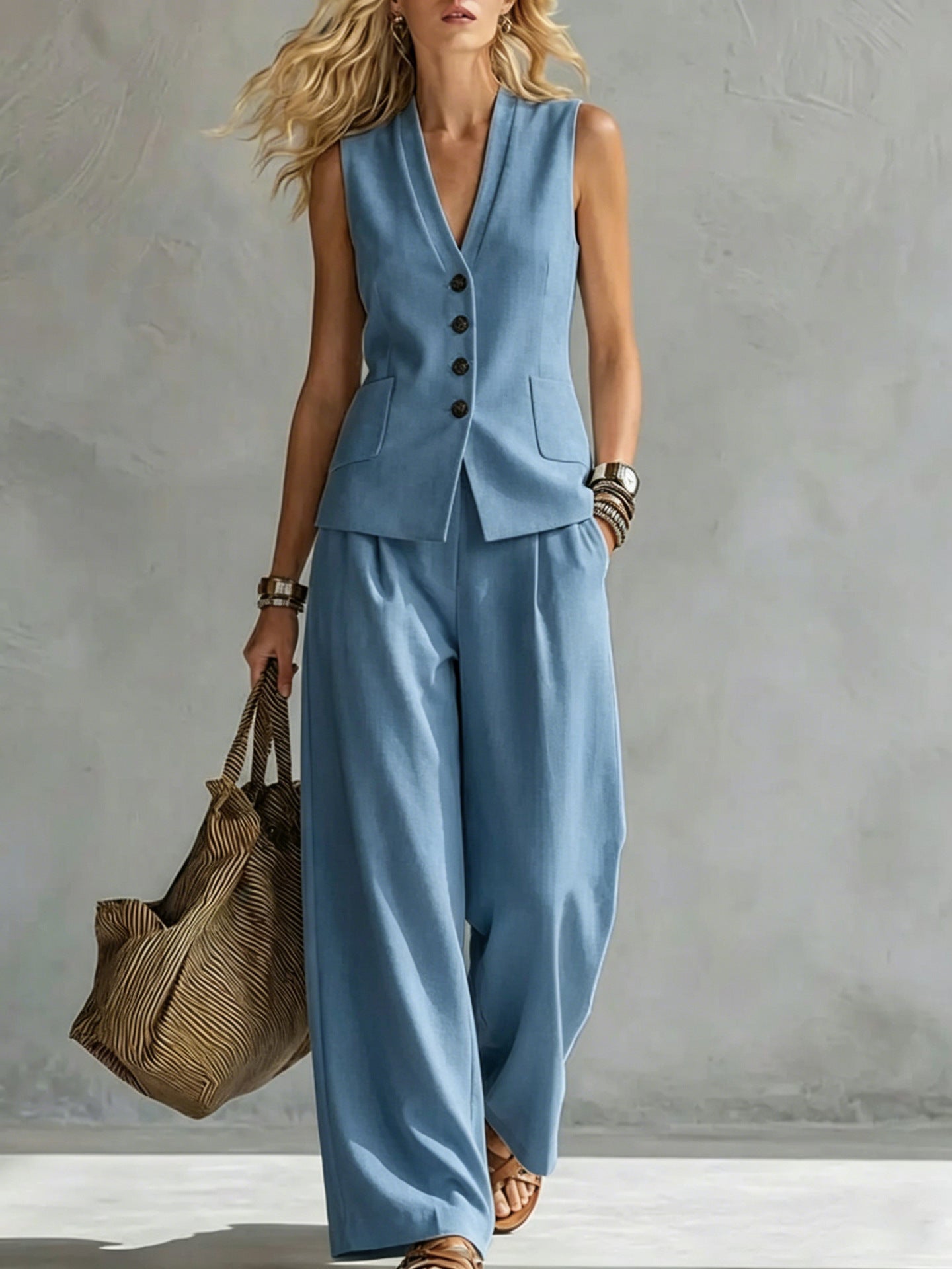 Genevieve - Smart Women's Linen Co-Ord Set with Tailored Waistcoat and Wide Leg Trousers