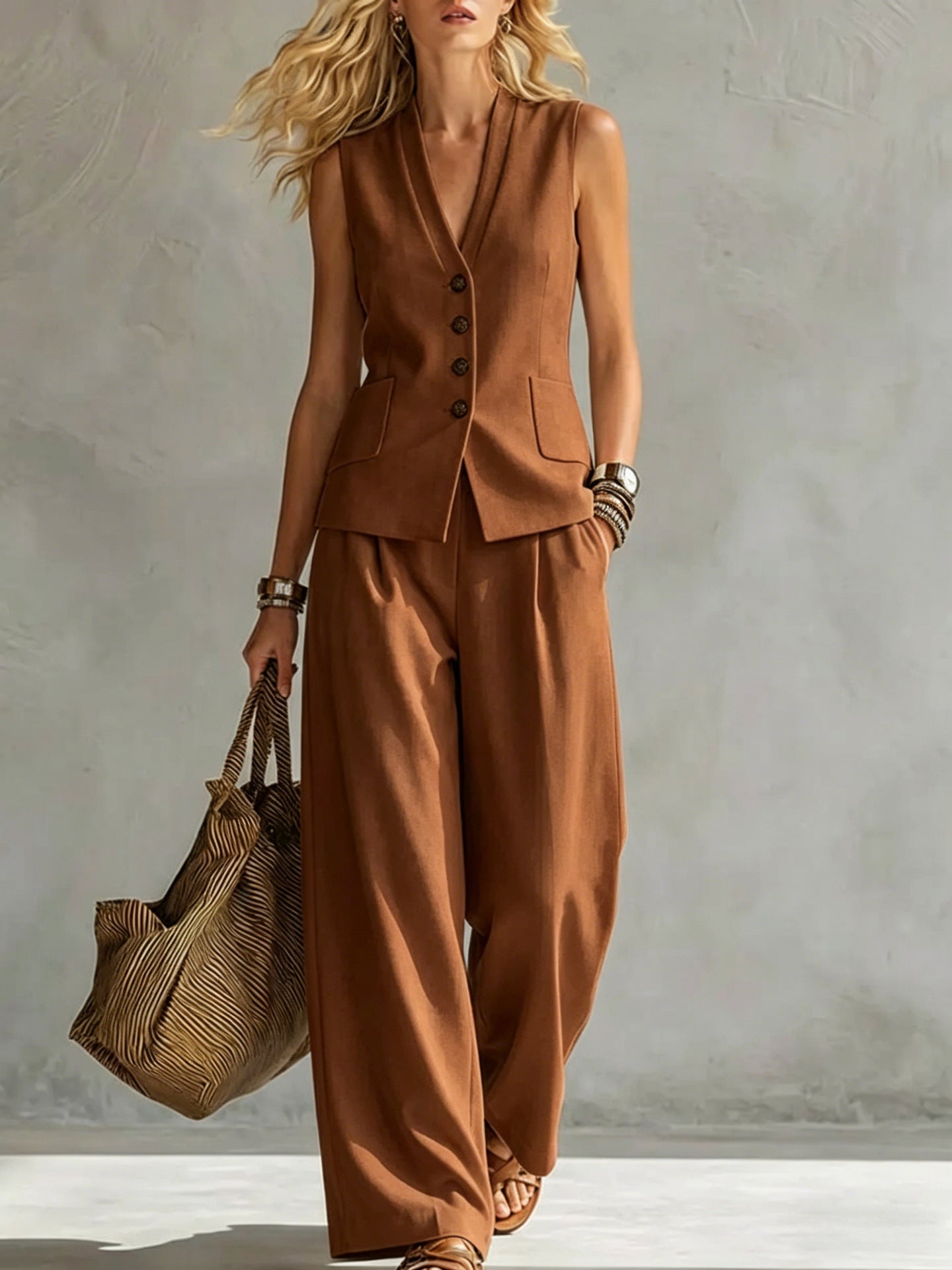 Genevieve - Smart Women's Linen Co-Ord Set with Tailored Waistcoat and Wide Leg Trousers