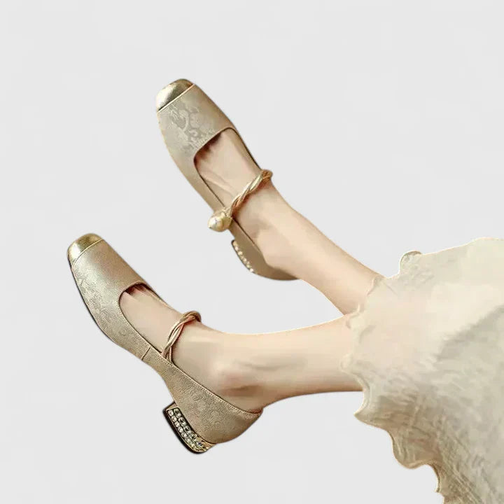 Genevieve - Vintage Women's Orthopedic Mary Janes with Square Toe and Pearl Ankle Tie