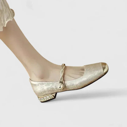 Genevieve - Vintage Women's Orthopedic Mary Janes with Square Toe and Pearl Ankle Tie