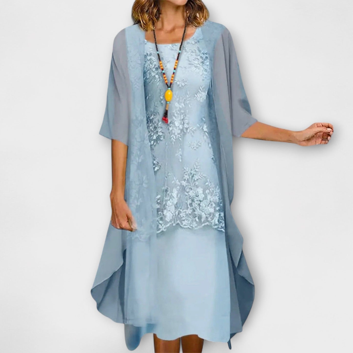 Georgia - Vintage Women's Maxi Dress with Layered Design and Three Quarter Sleeves