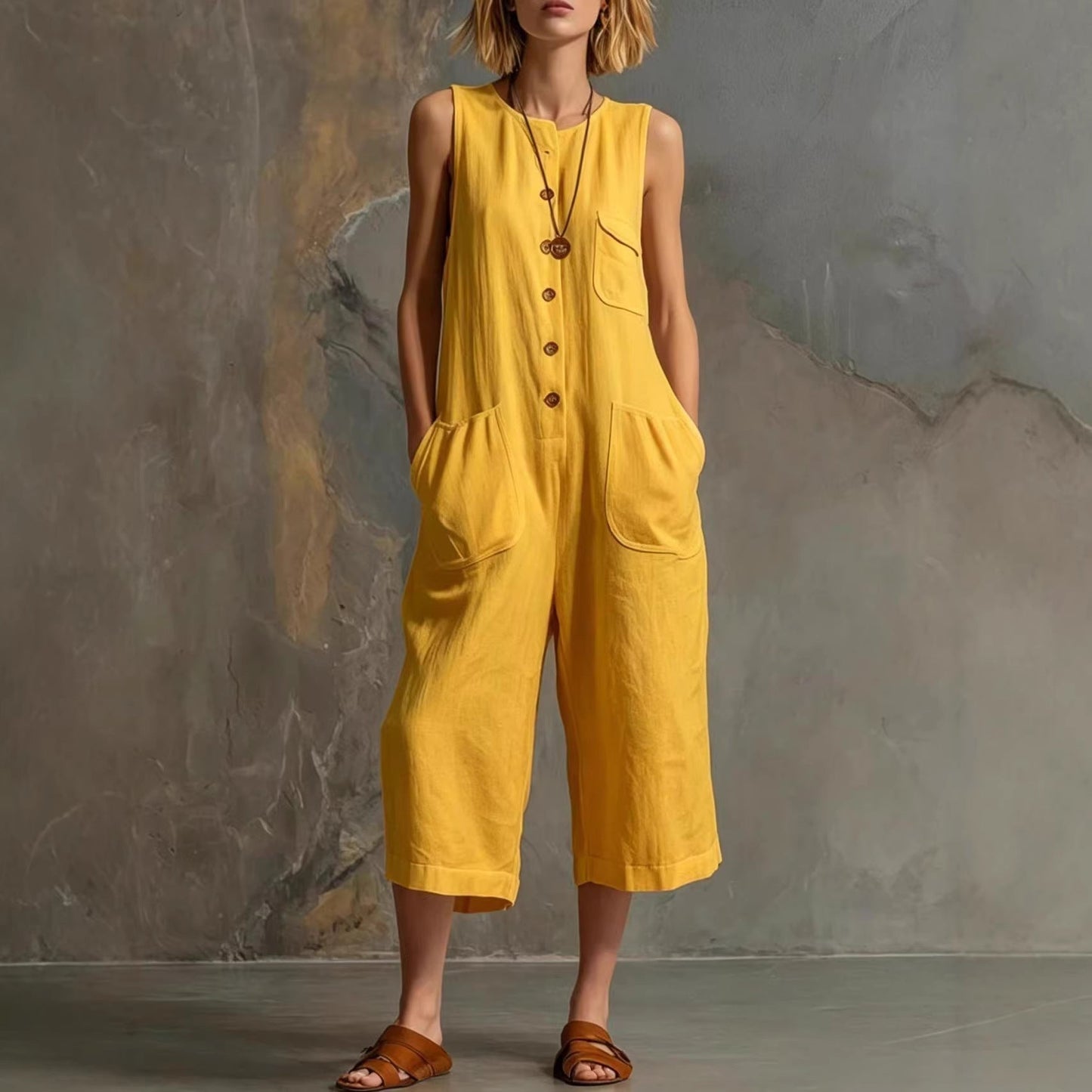 Grace - Casual Women's Linen Jumpsuit with Patch Pockets and Wide Leg