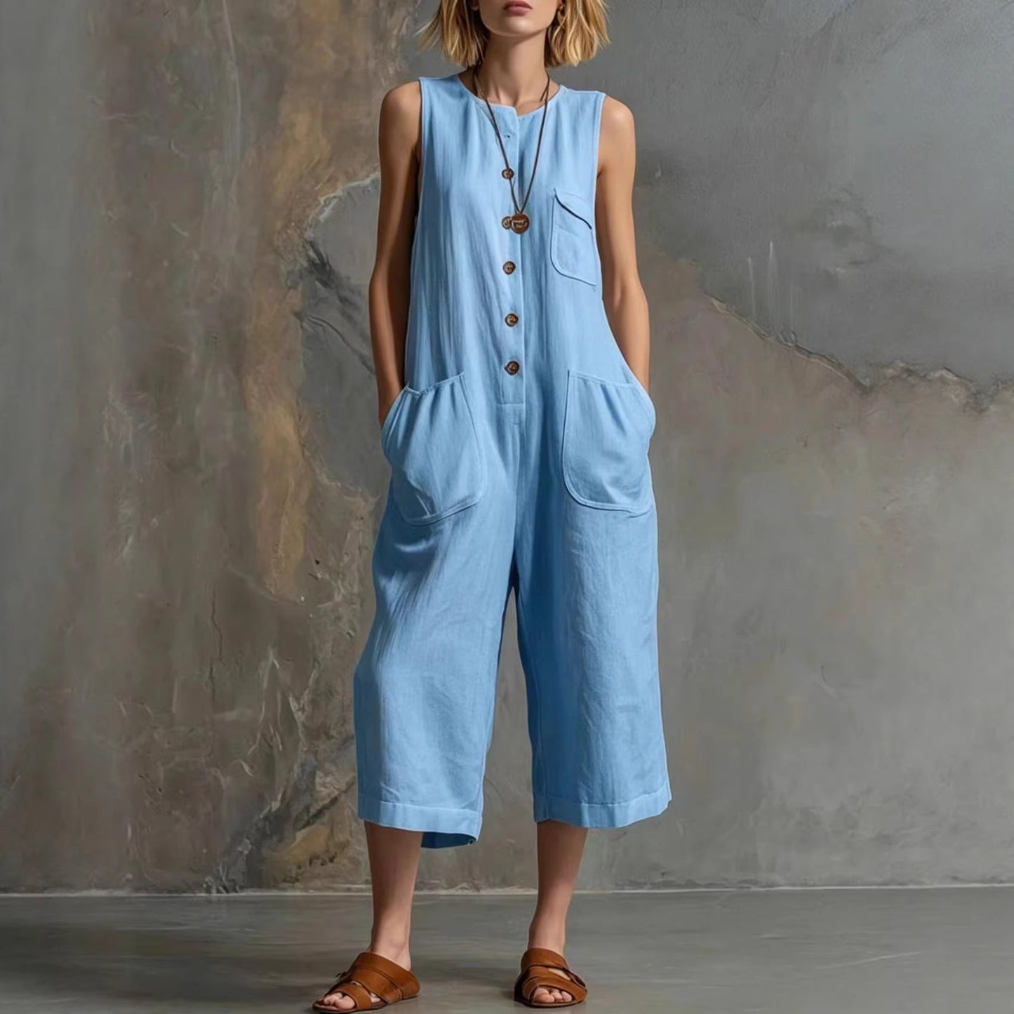 Grace - Casual Women's Linen Jumpsuit with Patch Pockets and Wide Leg