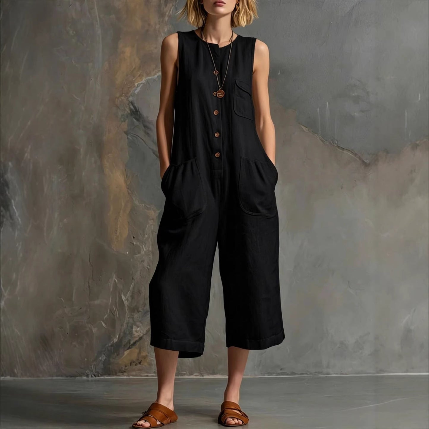 Grace - Casual Women's Linen Jumpsuit with Patch Pockets and Wide Leg