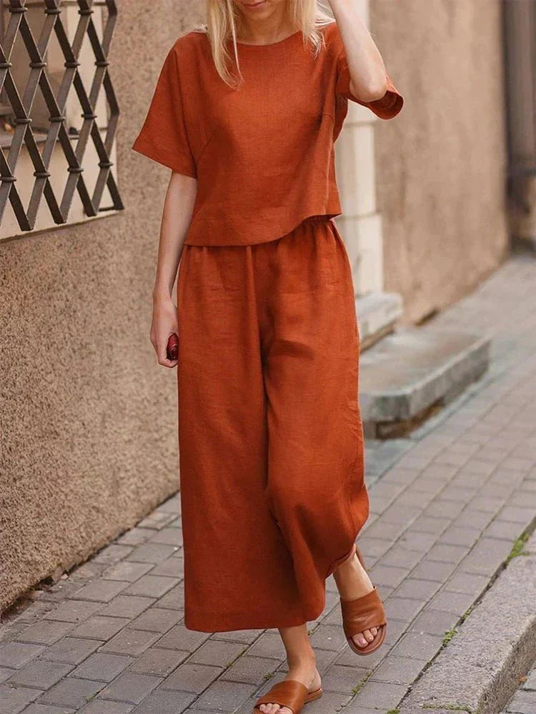 Grace - Casual Women's Linen Set with Boxy Cropped Top and Wide Leg Culottes