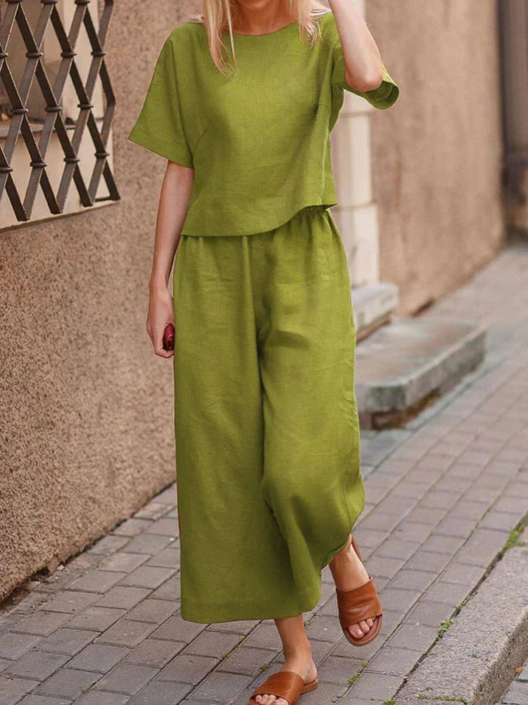 Grace - Casual Women's Linen Set with Boxy Cropped Top and Wide Leg Culottes