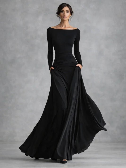 Grace - Elegant Women's Maxi Dress with Boat Neck and Long Sleeves