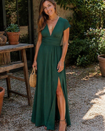 Grace - Elegant Women's Summer Maxi Dress with V-Neck and Front Slit