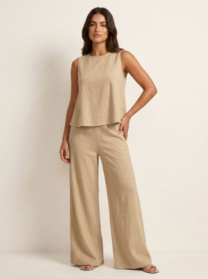 Grace - Smart Women's Linen Set with Cropped Top and Wide-Leg Trousers