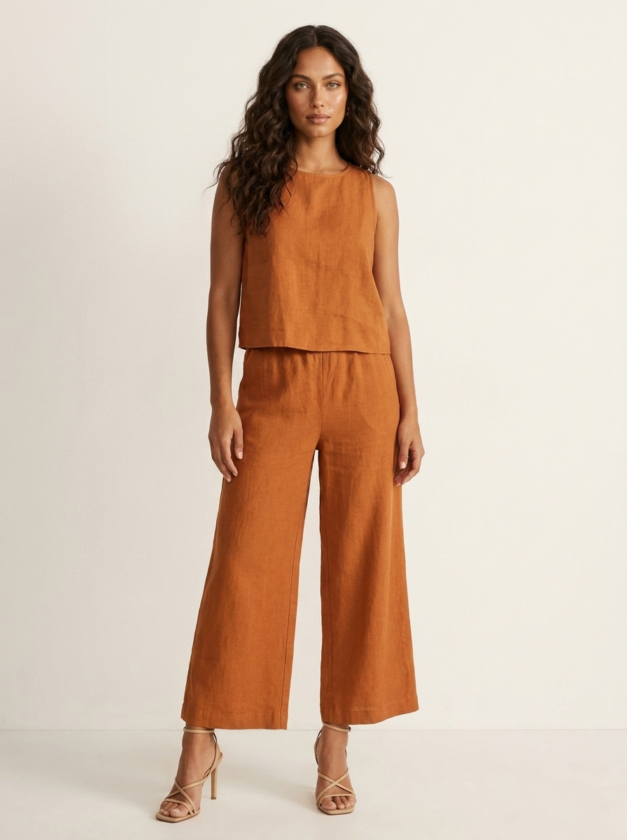 Grace - Smart Women's Linen Set with Cropped Top and Wide-Leg Trousers