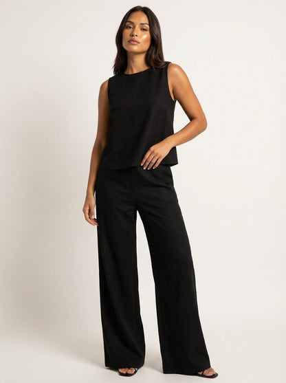 Grace - Smart Women's Linen Set with Cropped Top and Wide-Leg Trousers