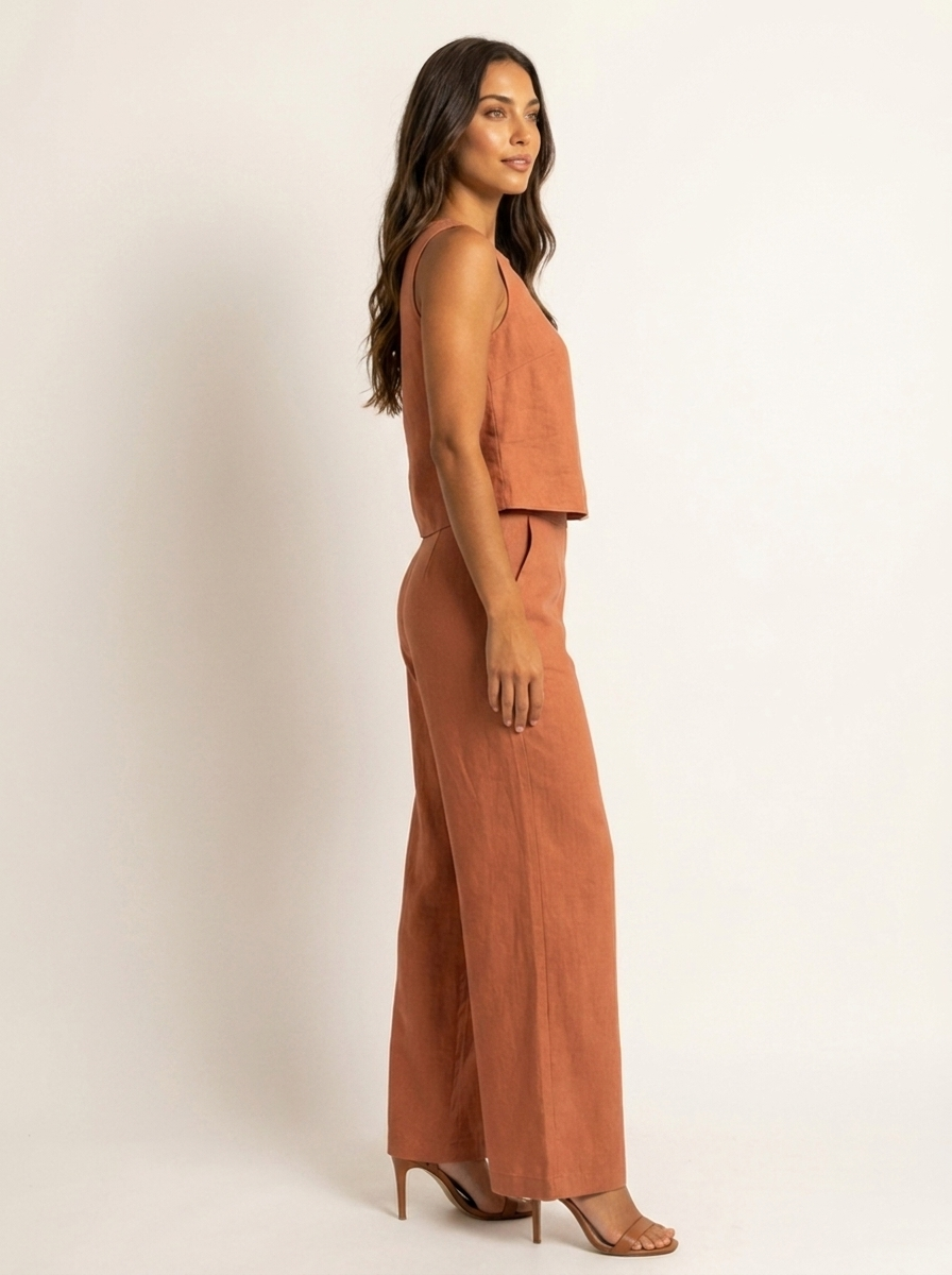 Grace - Smart Women's Linen Set with Cropped Top and Wide-Leg Trousers