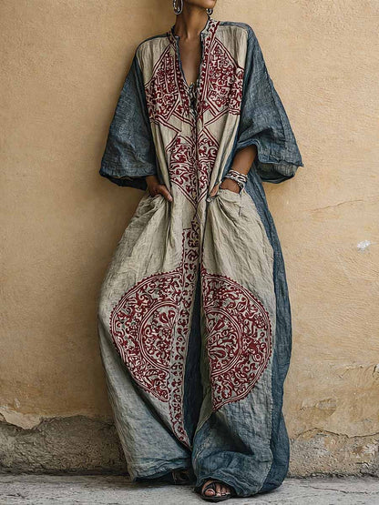 Grace - Vintage Women's Linen Jumpsuit with Medallion Print and Balloon Sleeves