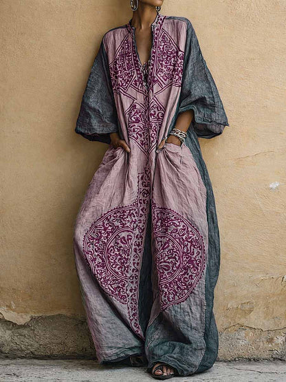 Grace - Vintage Women's Linen Jumpsuit with Medallion Print and Balloon Sleeves