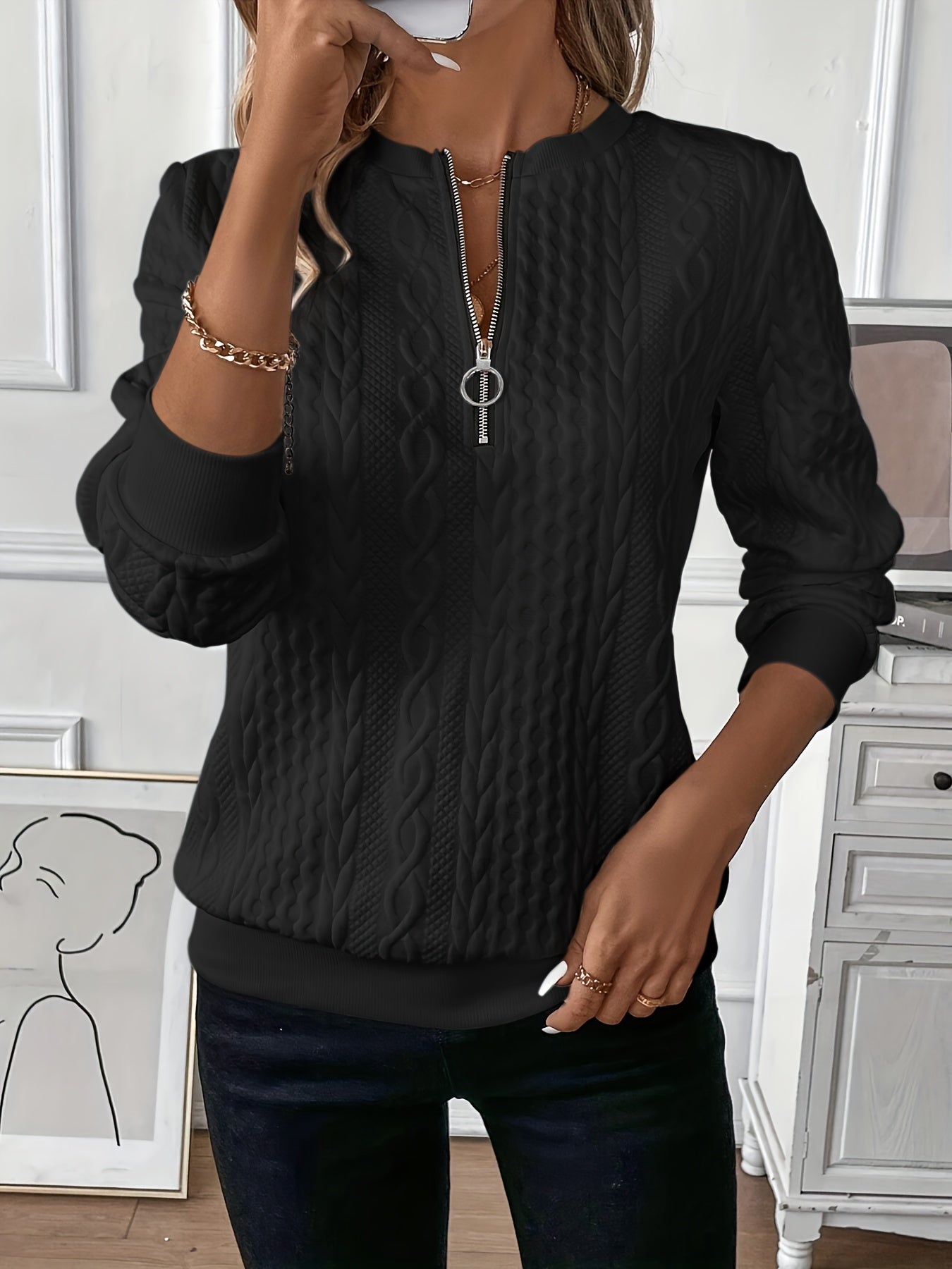 Grace - Women's Comfort Quarter Zip Pullover Knitted Style Cable Detail