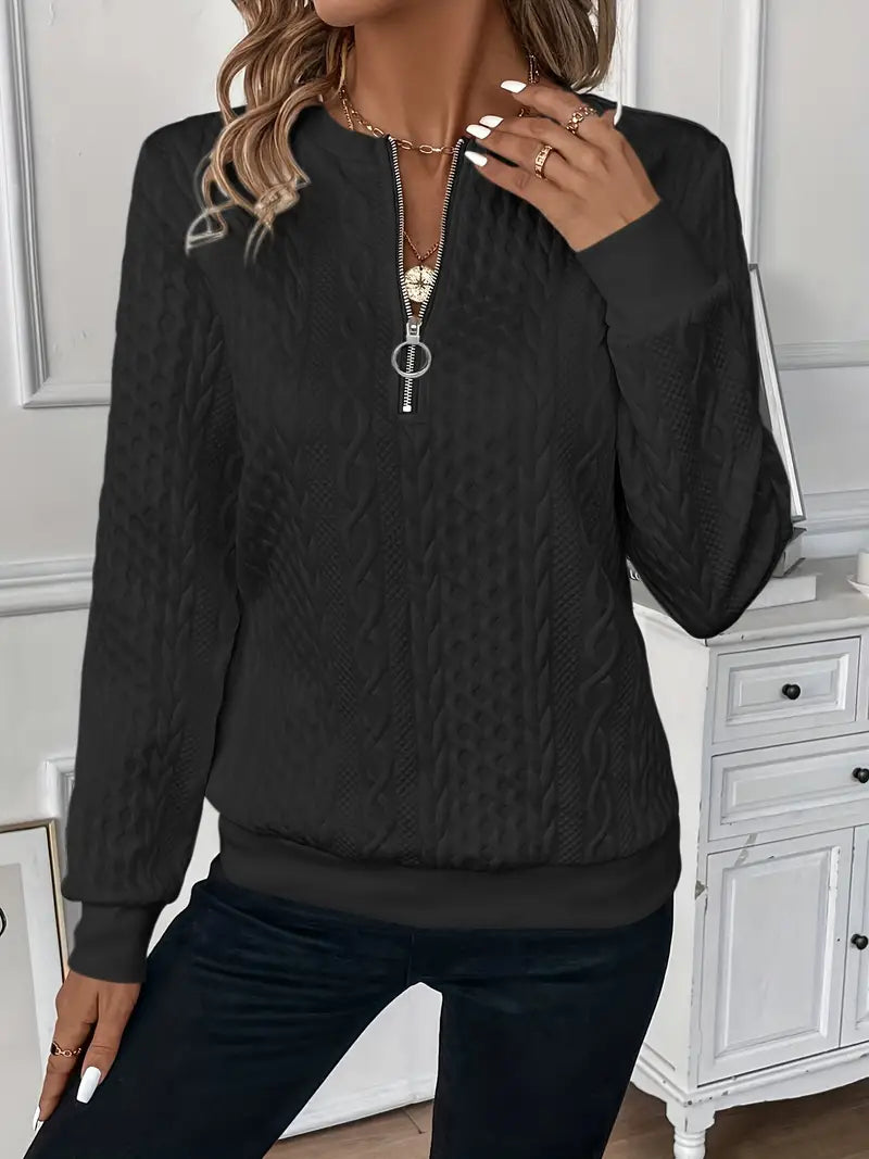 Grace - Women's Comfort Quarter Zip Pullover Knitted Style Cable Detail