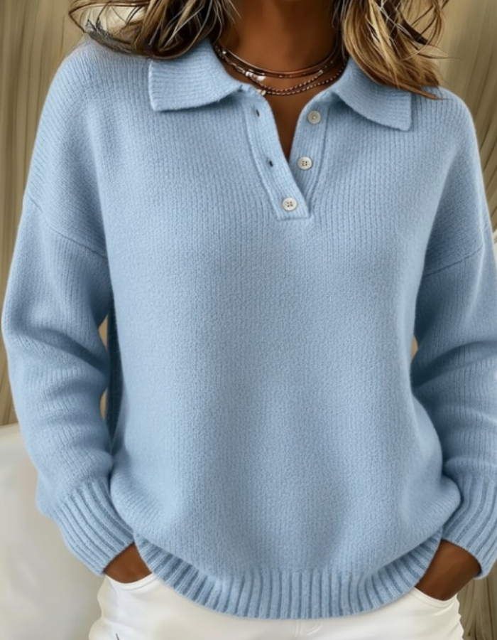 Grace - Women's Knitted Long Sleeve Polo Jumper with Button Placket