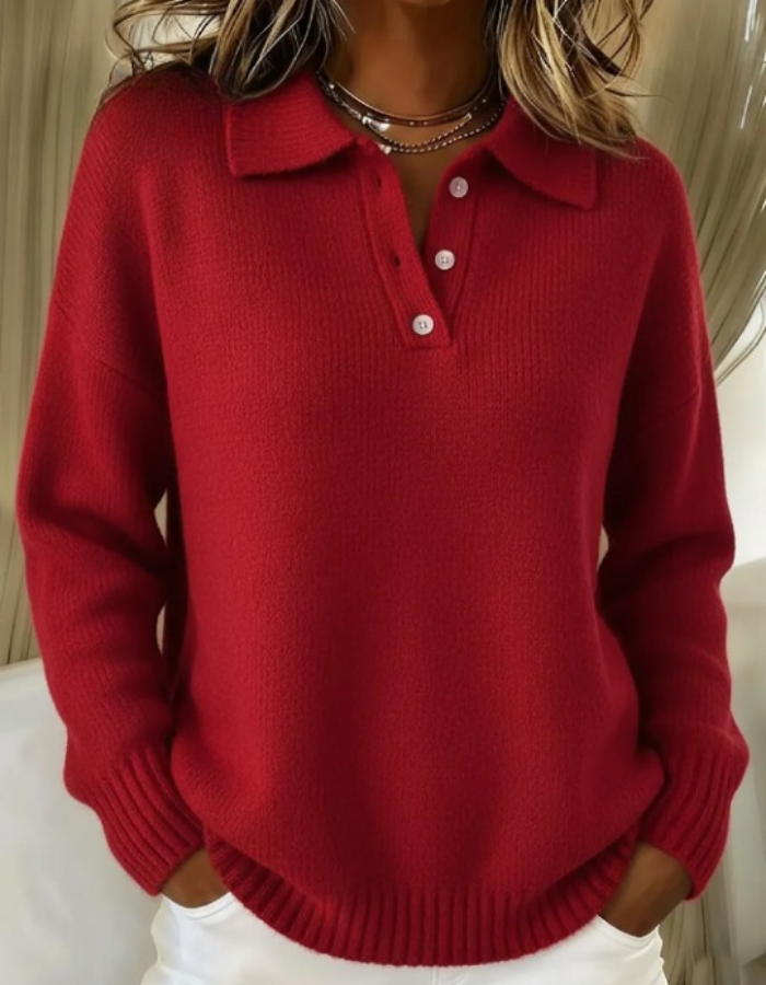 Grace - Women's Knitted Long Sleeve Polo Jumper with Button Placket