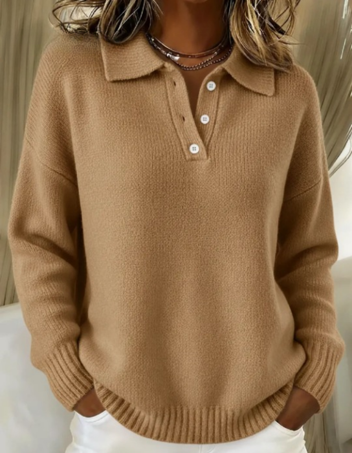 Grace - Women's Knitted Long Sleeve Polo Jumper with Button Placket