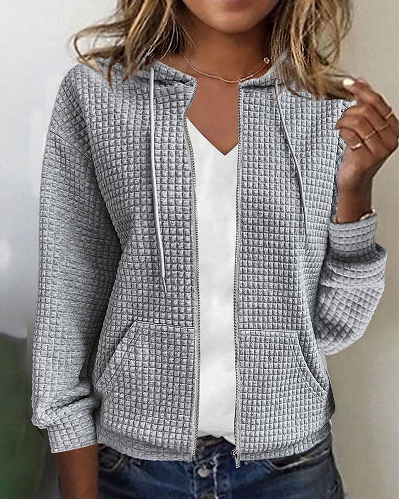 Grace - Women's Knitted Zip Through Hoodie with Waffle Texture for Autumn