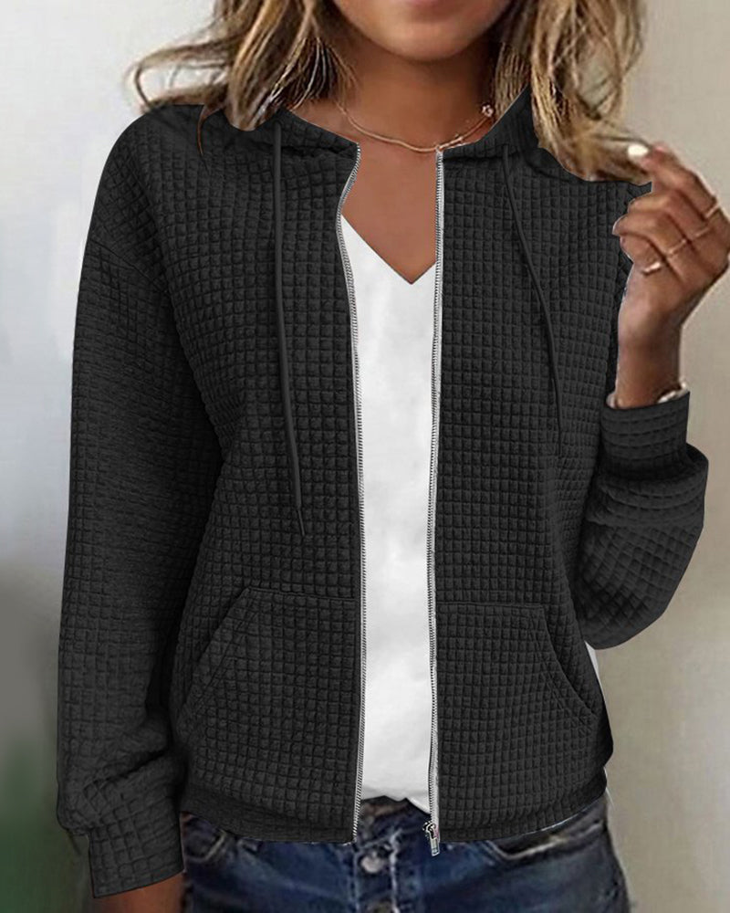 Grace - Women's Knitted Zip Through Hoodie with Waffle Texture for Autumn
