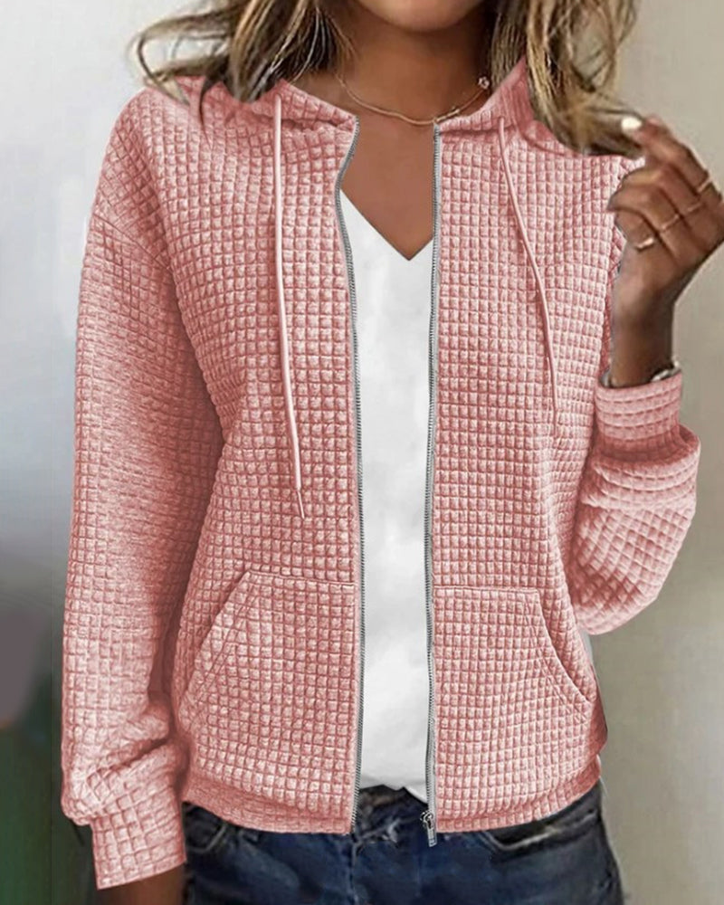 Grace - Women's Knitted Zip Through Hoodie with Waffle Texture for Autumn