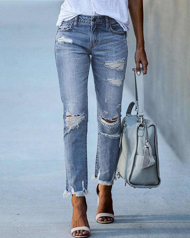 Grace - Women's Straight Leg Jeans with Ripped Detail and Frayed Hem