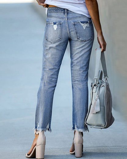 Grace - Women's Straight Leg Jeans with Ripped Detail and Frayed Hem