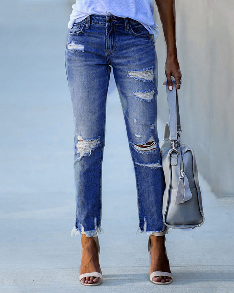 Grace - Women's Straight Leg Jeans with Ripped Detail and Frayed Hem