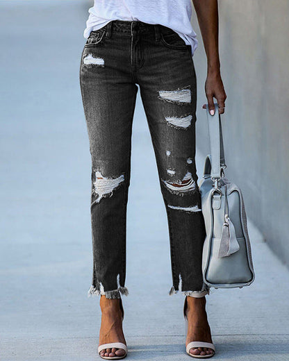 Grace - Women's Straight Leg Jeans with Ripped Detail and Frayed Hem
