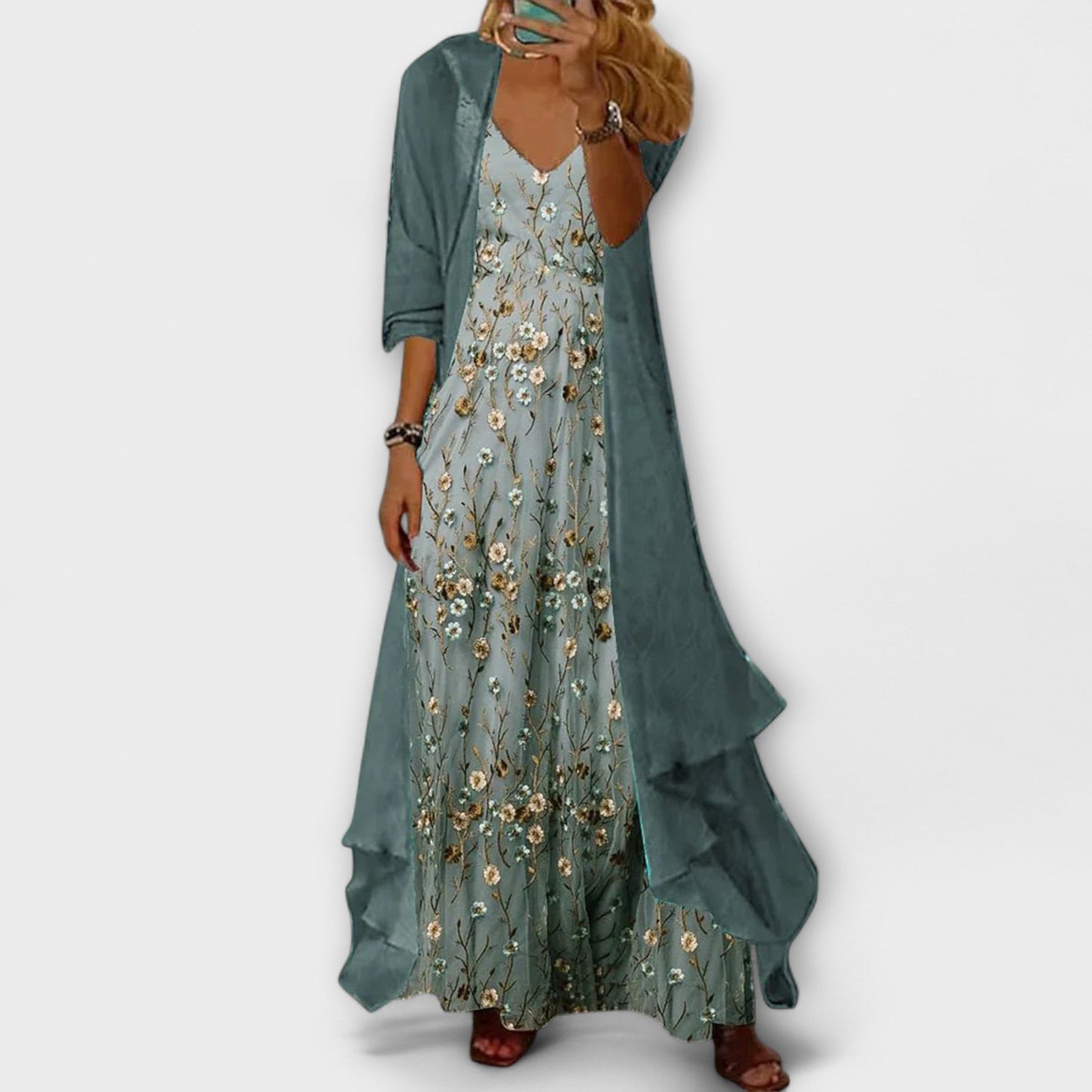 Hannah - Boho Women's Floral Maxi Dress with Layered Cardigan and V-Neck