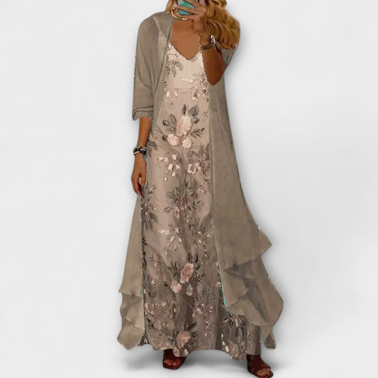 Hannah - Boho Women's Floral Maxi Dress with Layered Cardigan and V-Neck
