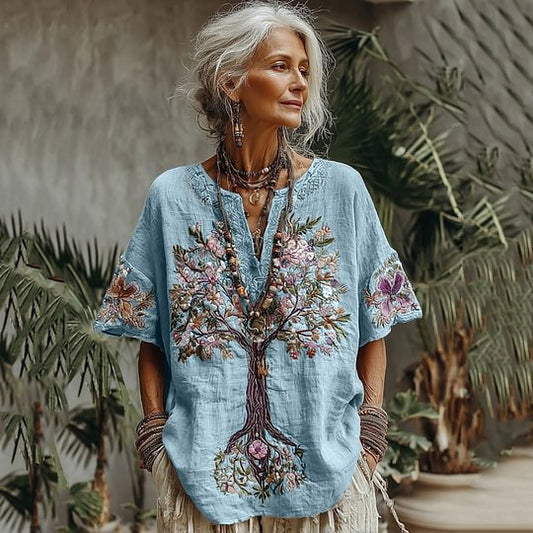 Hannah - Boho Women's Linen Tunic Top with Embroidered Floral Detail
