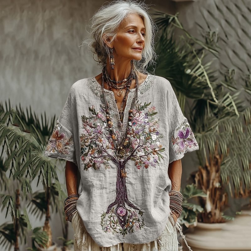 Hannah - Boho Women's Linen Tunic Top with Embroidered Floral Detail