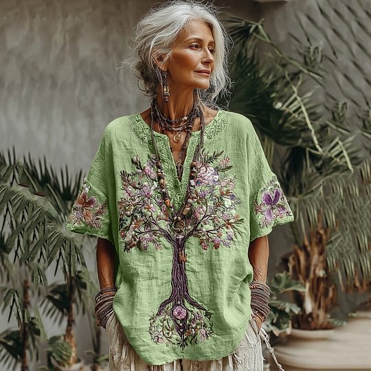 Hannah - Boho Women's Linen Tunic Top with Embroidered Floral Detail