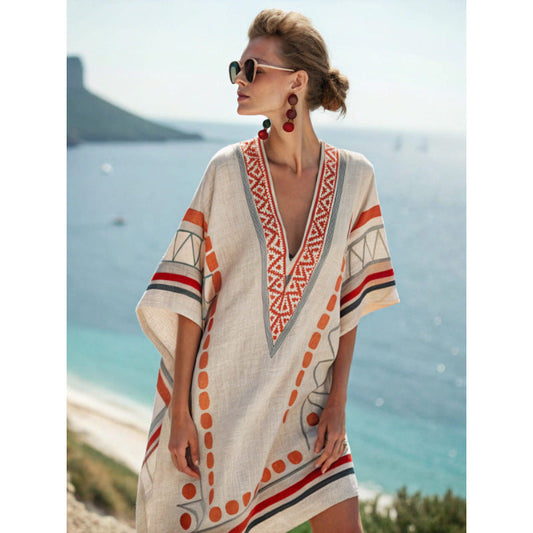 Hannah - Boho Women's Summer Kaftan Dress with V-Neck and Tribal Print
